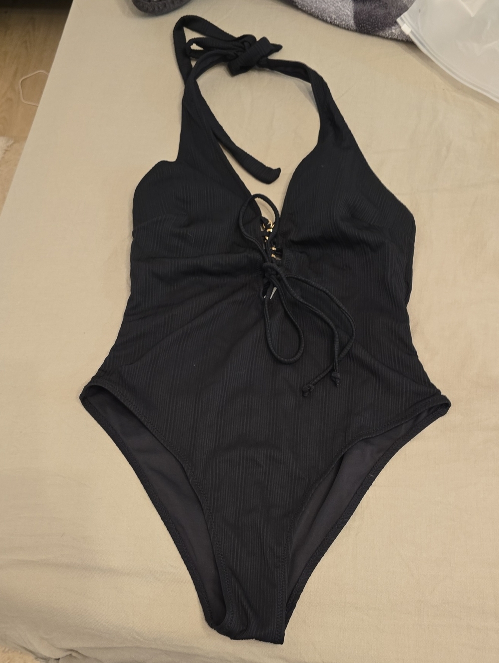 Black Ribbed Halter One-Piece Swimsuit